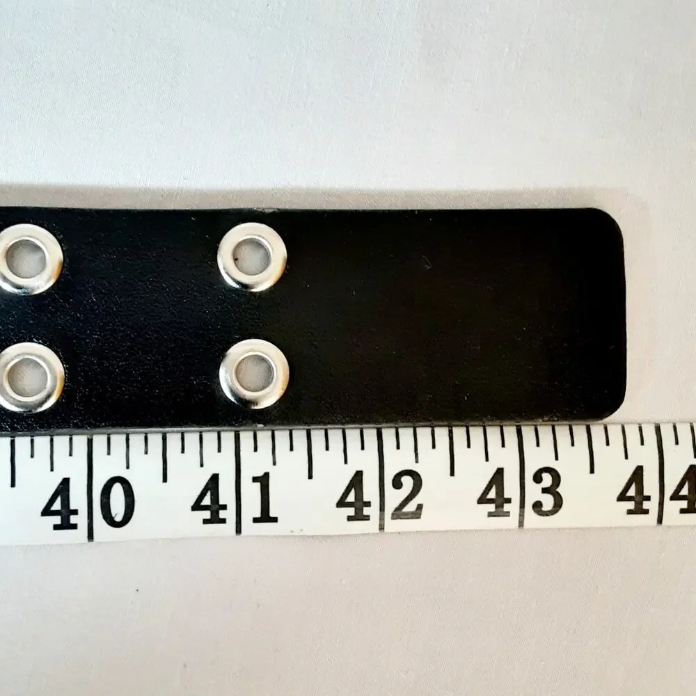 💎Black Unisex Double Silver Tone Grommet Faux Leather Belt Size XL Punk Rock